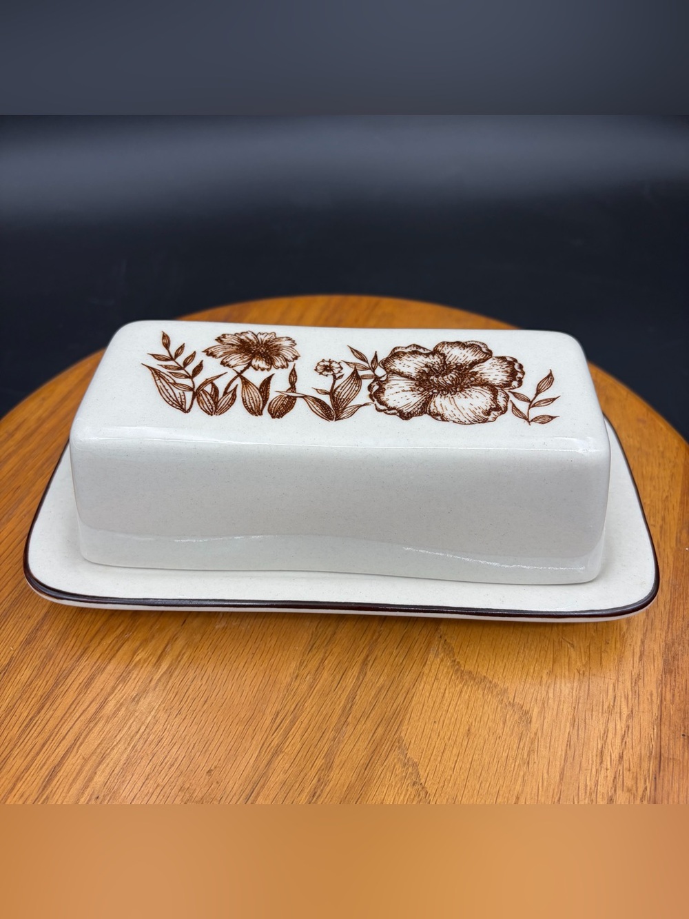 Vintage Sango Design Four Indian Summer Stoneware Brown Floral Butter Dish Rare